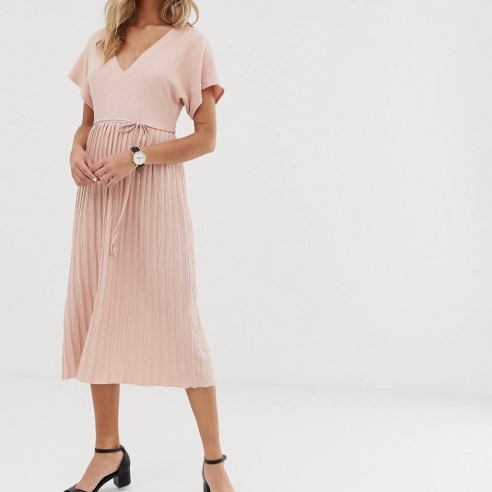 ASOS DESIGN textured v neck midi skater dress with pleated skirt size 8